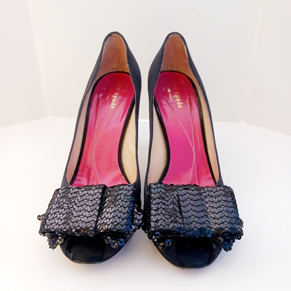 Kate Spade Black High Heels with Sequined Bow Size 7 Made In Italy